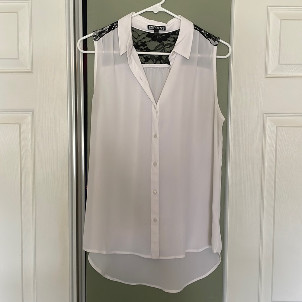 Express White Button Down Sleeveless Blouse with Black Lace, Size Small